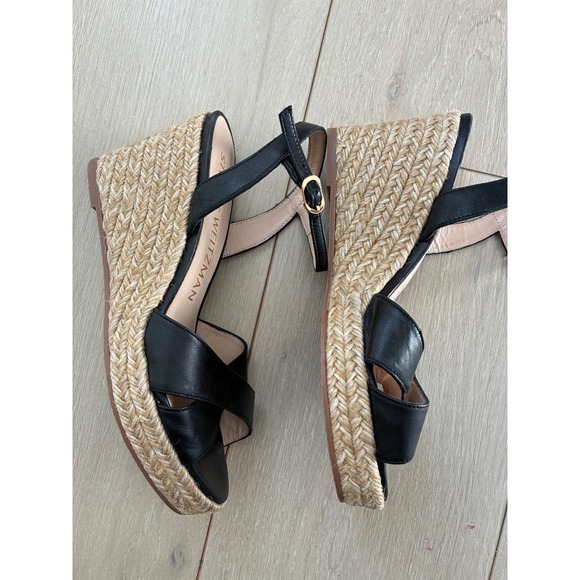 Stuart Weitzman Black Leather Espadrille Wedge Sandals Ankle Strap Size 7 - Picture 2 of 7